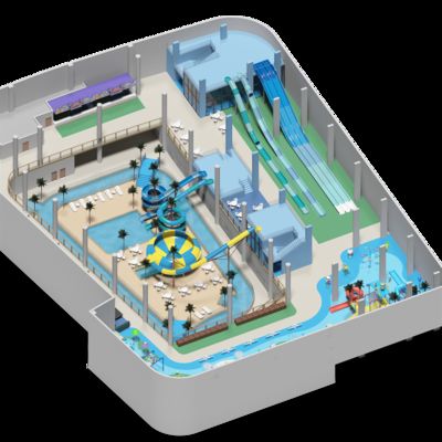 Projekt koncepcyjny krytego parku wodnego o powierzchni 2500 metrów kwadratowych z dwupoziomową konstrukcją, przeznaczonego dla wszystkich grup wiekowych